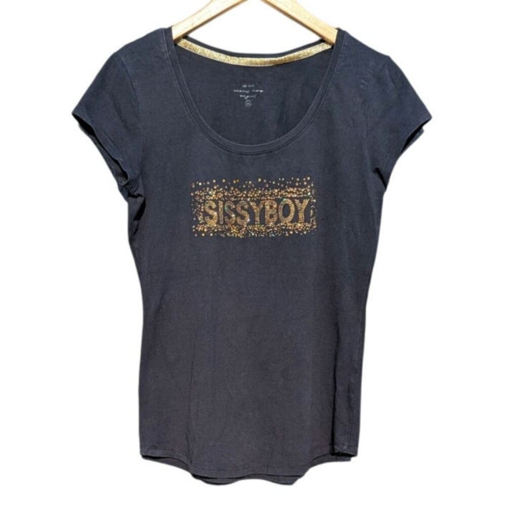 Sissy Boy black Y2K spell out t shirt gold bedazzled mob wife aesthetic xl